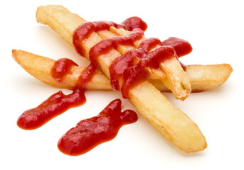 French Fried Potatoes with ketchup isolated on white background