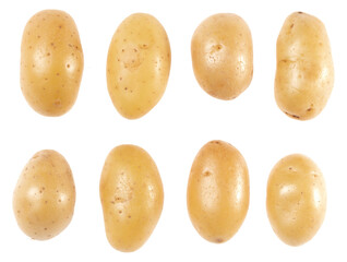 Potatoes set isolated on white background. Top view. Flat lay pattern. Potatoes in air, without shadow.