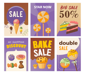 Big sale brochure designs with delicious pastry and sweets. Bright promotion for candy store. Tasty food and confectionery concept. Promotional template for advertising leaflet or flyer