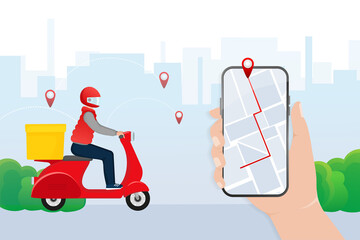 Fast delivery in flat style. Food delivery service. The courier rides a motorbike with the goods.