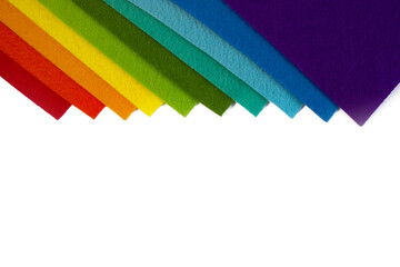 Set of colorful rainbow felt samples, multicolor, bright, closeup on white background