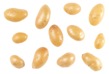 Potatoes isolated on white background. Top view. Flat lay pattern. Potatoes in air, without shadow.