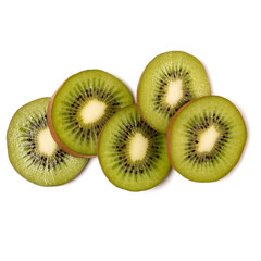kiwi fruit slices isolated on white background closeup. Kiwifruit slices flatlay. Flat lay, top view.