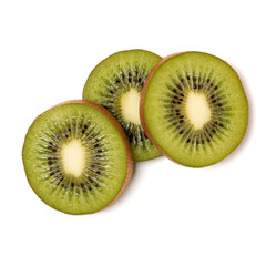Three kiwi fruit slices isolated on white background closeup. Kiwifruit slices flatlay. Flat lay, top view.