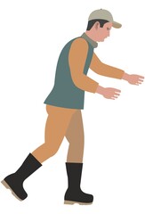 A male worker model works leaning forward. He is wearing a hat. Farm or factory worker. Blue and brown dresses. Flat vector illustration.