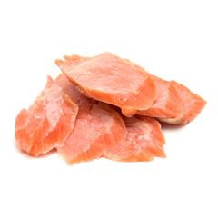 smoked salmon segments isolated on white background cutout. Prepared fish fillet fibres.