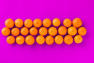 Fruit pattern of fresh orange tangerine or mandarin on lilac background. Flat lay, top view. Pop art design, creative summer concept. Citrus in minimal style.