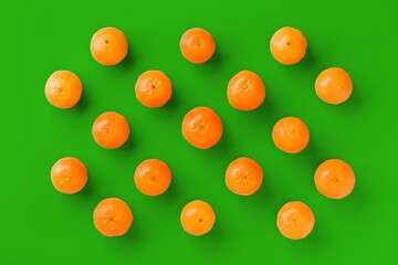 Fruit pattern of fresh orange tangerine or mandarin on green background. Flat lay, top view. Pop art design, creative summer concept. Citrus in minimal style.
