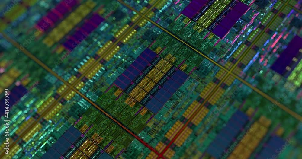 Poster modern cpu, gpu chip design with iridescent lighting. high-tech electronic component with metallic r