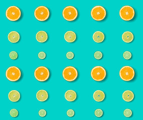 Citrus Fruit pattern on blue background. Orange, Lime, Lemon slices background. Flat lay, top view. .  Pop art design, creative summer concept.