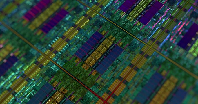 Modern CPU, GPU chip design with iridescent lighting. High-Tech electronic component with metallic reflection. Quantum computer, large data processing, database concept. 3D rendering
