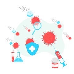 Vaccination concept. Immunization campaign. COVID-19 Virus Vaccine shot. Health care and protection. Medicine and syringe with a vaccine bottle protection shield and virus. Medical treatment icons.