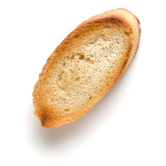 Toasted baguette slice isolated on white background close up.  Toast, crouton.   Top view.