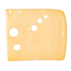 One cheese slice isolated on white background. Top view. Flat lay. Cheese slice in air, without shadow.