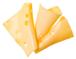 Three cheese slices isolated on white background. Top view. Flat lay. Cheese slice in air, without shadow.