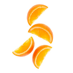 falling fresh orange fruit slices isolated on white background closeup. Flying food concept. Top view. Flat lay. Orange slice in air, without shadow.