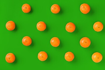 Fruit pattern of fresh orange tangerine or mandarin on green background. Flat lay, top view. Pop art design, creative summer concept. Citrus in minimal style.