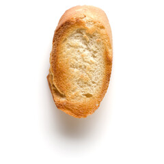 Toasted baguette slice isolated on white background close up.  Toast, crouton.   Top view.