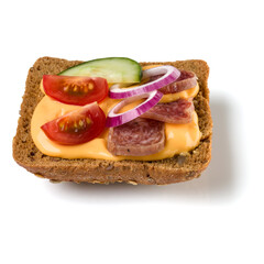 Canape with salami. Open faced sandwich crostini isolated on white background closeup. Appetizer tartarine.