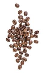 Coffee beans isolated on white background. Top view. Flat lay. Coffee beans flow in air, without shadow.