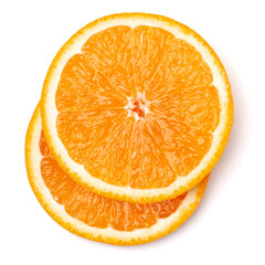Orange fruit slice  isolated on white background closeup. Food background. Flat lay, top view.