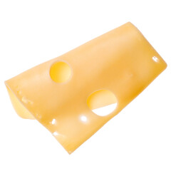 One cheese slice isolated on white background. Top view. Flat lay. Cheese slice in air, without...
