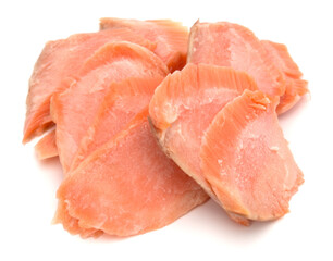smoked salmon segments isolated on white background cutout. Prepared fish fillet fibres.
