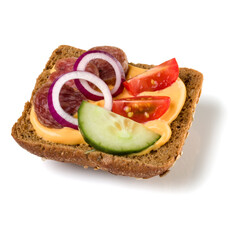 Canape with salami. Open faced sandwich crostini isolated on white background closeup. Appetizer tartarine.