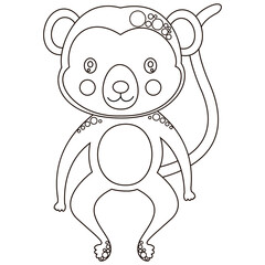 A black and white cute toy spider monkey. An African anima outline for nursery decor, printing on clothes, coloring page or book, digital stamp. Vector.