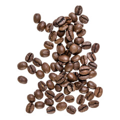 Coffee beans isolated on white background. Top view. Flat lay. Coffee beans flow in air, without shadow.