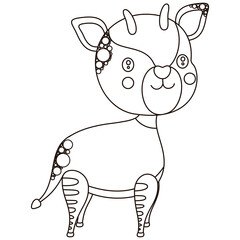 Cute black and white cartoon okapi smiling character. Isolated monochrome children's illustration of an African artiodactyl jungle animal for coloring. Vector.