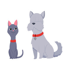 Cats and dog characters best happy friends. Together sitting isolated on white background. Funny flat cartoon colorful friendship pets. Vector illustration