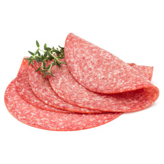 Salami smoked sausage slices isolated on white background