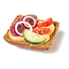 Canape with salami. Open faced sandwich crostini isolated on white background closeup. Appetizer tartarine.