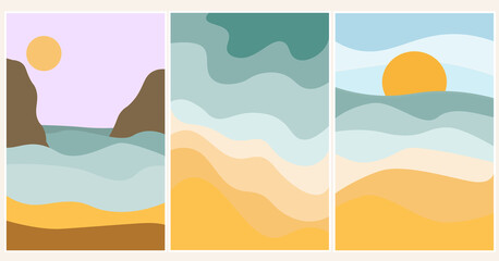 Fototapeta na wymiar Set of summer abstract content modern landscape poster banner illustration, background in yellow and blue colors. Sandy beach, mountains, beach on the sea, ocean. Vector graphics