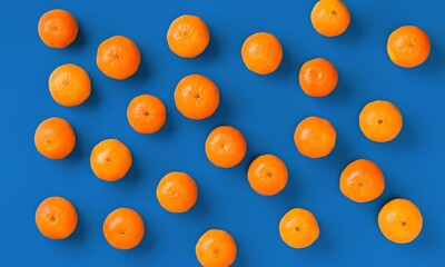 Fruit pattern of fresh orange tangerine or mandarin on blue background. Flat lay, top view. Pop art design, creative summer concept. Citrus in minimal style.