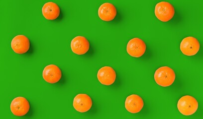Fruit pattern of fresh orange tangerine or mandarin on green background. Flat lay, top view. Pop art design, creative summer concept. Citrus in minimal style.