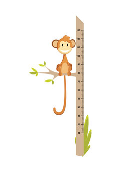 Wall meter with little monkey. Sticker for measuring height kids. Funny vector cartoon illustration for children