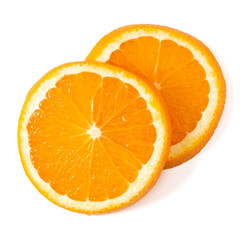 Orange fruit slice  isolated on white background closeup. Food background. Flat lay, top view.
