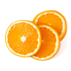 Orange fruit slice  isolated on white background closeup. Food background. Flat lay, top view.