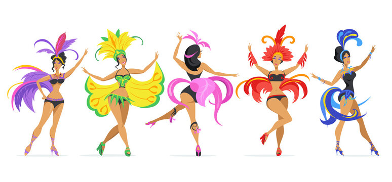 Samba female dancer set. Latin girls wearing feather bright costumes, dancing on parade. Vector illustrations for Brazilian carnival, fiesta, Brazil, celebration concept