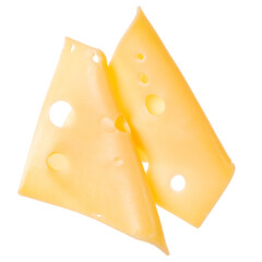 Two cheese slices isolated on white background. Top view. Flat lay. Cheese slice in air, without shadow.