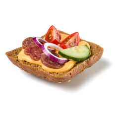 Canape with salami. Open faced sandwich crostini isolated on white background closeup. Appetizer tartarine.