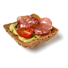 Canape with salami. Open faced sandwich crostini isolated on white background closeup. Appetizer tartarine.