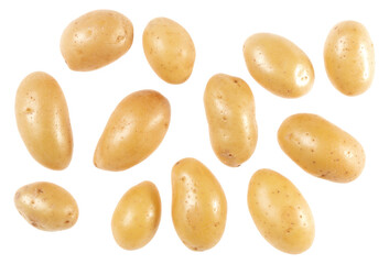 Potatoes isolated on white background. Top view. Flat lay pattern. Potatoes in air, without shadow.