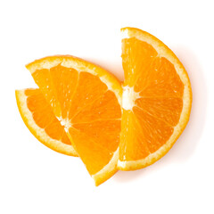 Orange fruit slice  isolated on white background closeup. Food background. Flat lay, top view.