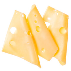 Three cheese slices isolated on white background. Top view. Flat lay. Cheese slice in air, without...