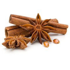 Cinnamon sticks and anise star isolated on white background close up