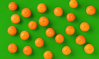 Fruit pattern of fresh orange tangerine or mandarin on green background. Flat lay, top view. Pop art design, creative summer concept. Citrus in minimal style.