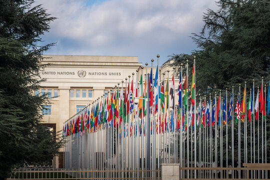 Palace of Nations and Country flags - United Nations Office - Geneva, Switzerland